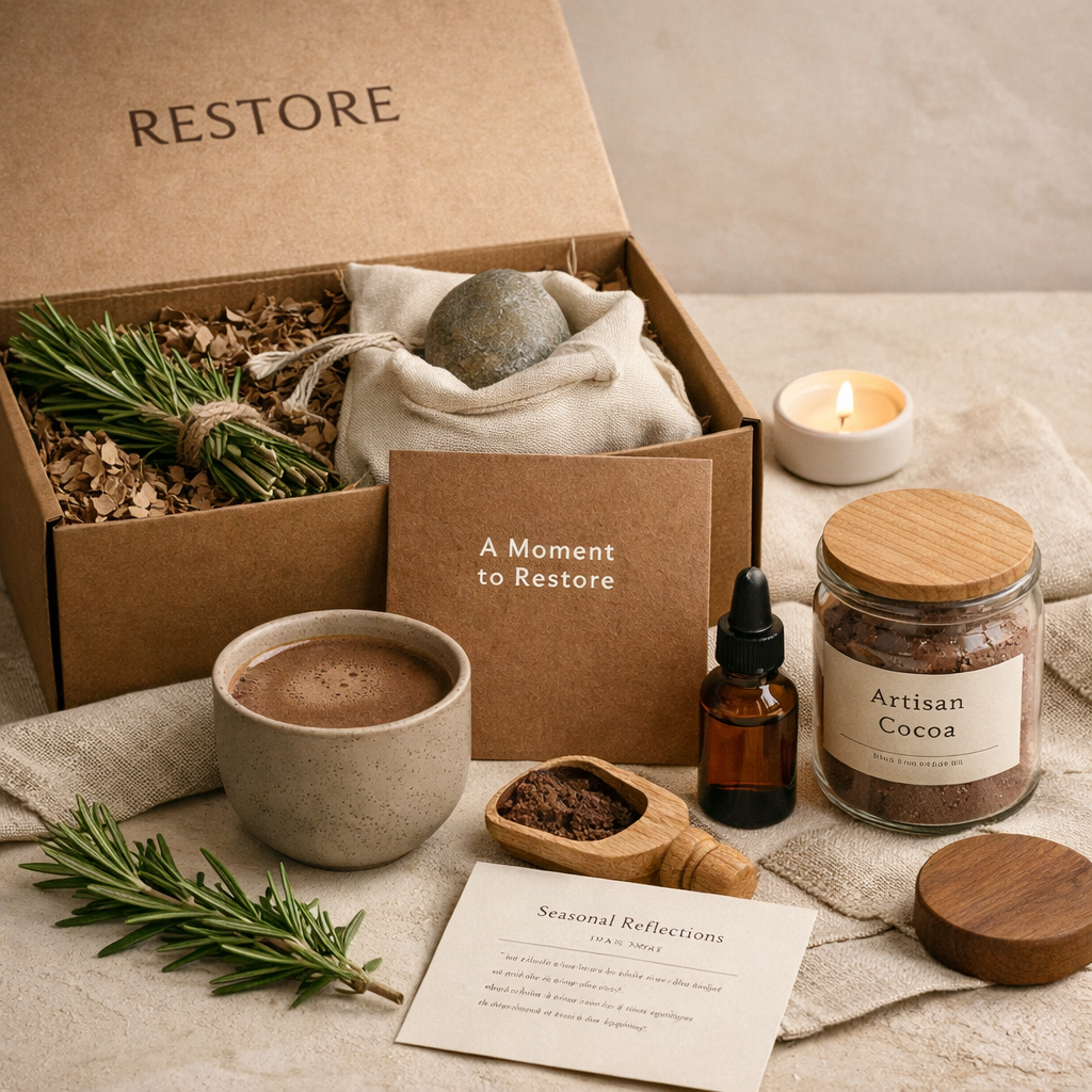Hands opening a Restore box at a desk — artisan cocoa, rosemary, a stone, and a moment to restore card inside