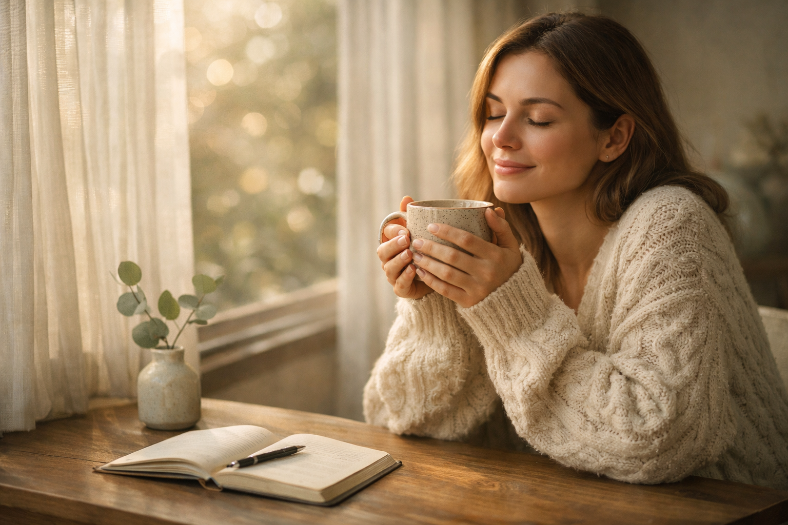 A quiet moment of pause — hands wrapped around a warm mug, eyes closed, simply being